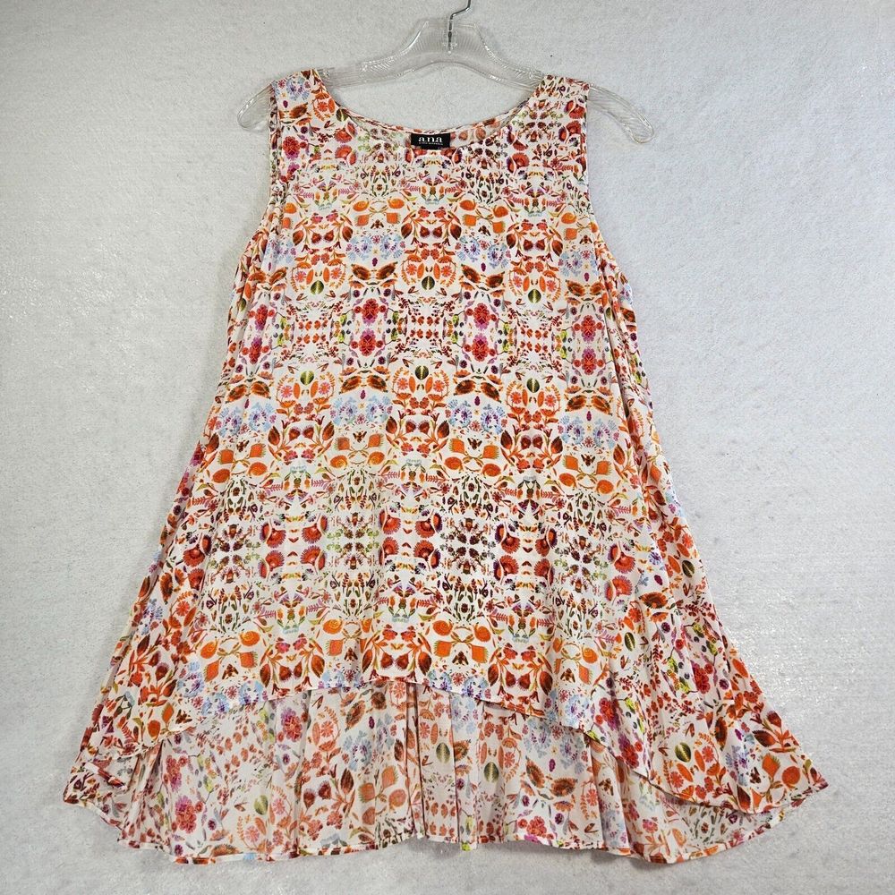 a.n.a. A New Approach Tunic Tank Top Women Size M Orange Floral Boho Pleated